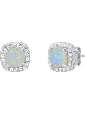 Stunning 6mm Cushion Lab Created Opal & White Sapphire Halo Stud Earrings, 925